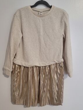 🧸2/20$ Oshkosh Cream Sweatshirt Metallic Gold Pleated Skirt Size 8 Girl Dress
